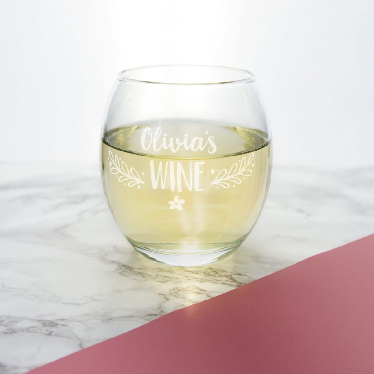 Stemless Floral Wine Glass with Name