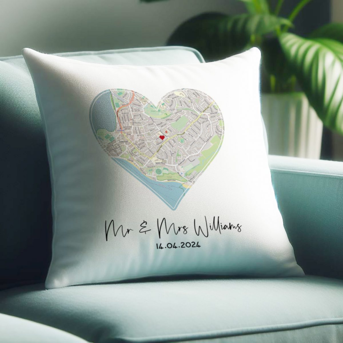 Couples map heart cushion